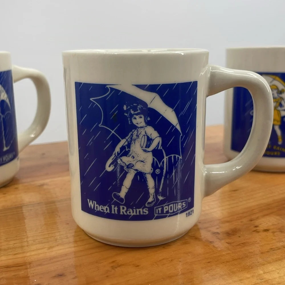 Vintage Morton Salt Girl Mug When It Rains It Pours Collectible Mugs Set of 4